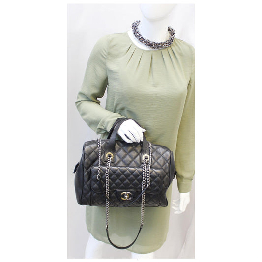 CHANEL Metallic Grained Calfskin Quilted Leather Bowling Bag