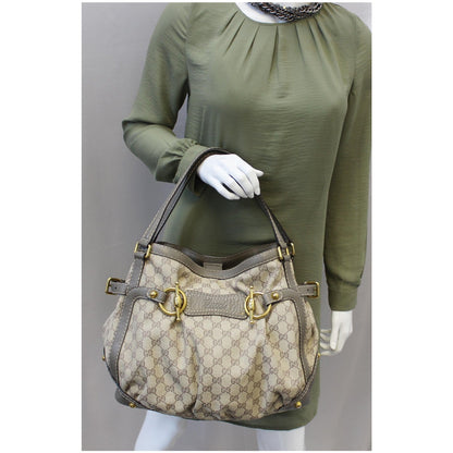 GUCCI Jockey Medium GG Canvas Monogram Tote Bag Beige 203546