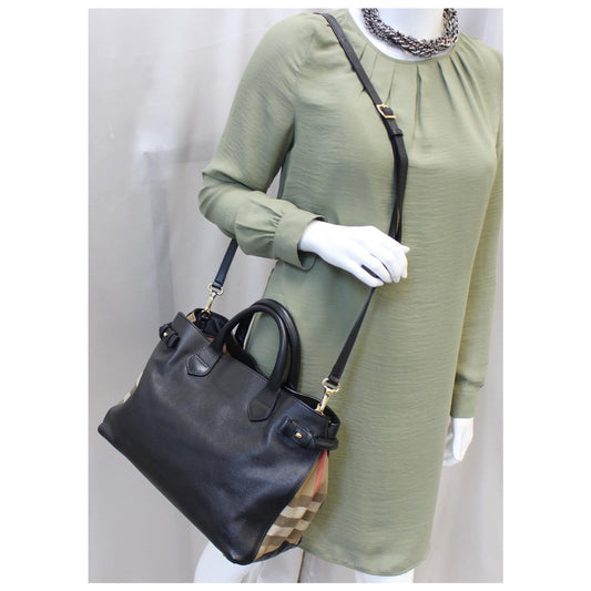 BURBERRY Black Calf Leather House Check Medium Banner Tote Bag