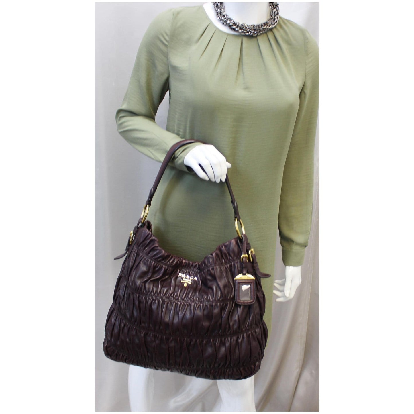 PRADA Gaufre Nappa Leather Hobo Bag Brown