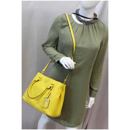 PRADA Vitello Phenix Leather Tote Bag Yellow - 25% OFF