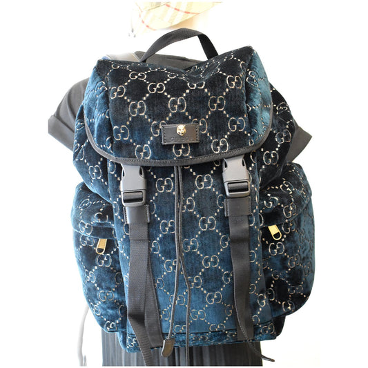 GUCCI Medium GG Monogram Velvet Classic Backpack Dark Blue 574923