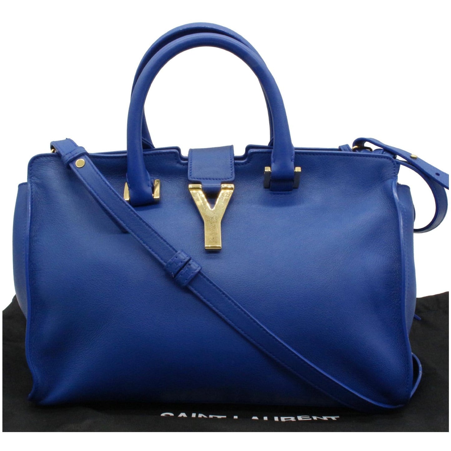 YVES SAINT LAURENT Cabas Y Small Calfskin Leather Tote Shoulder Bag Blue
