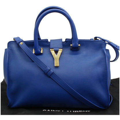 YVES SAINT LAURENT Cabas Y Small Calfskin Leather Tote Shoulder Bag Blue