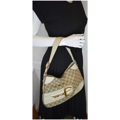 GUCCI Hasler Horsebit GG Canvas Leather Hobo Bag Beige 137388