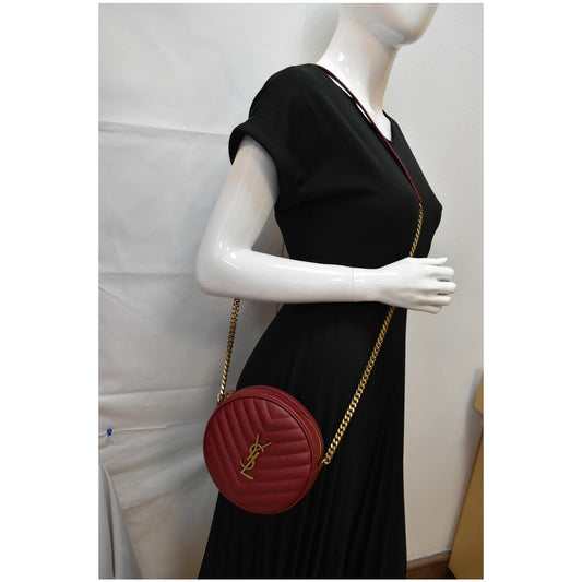 YVES SAINT LAURENT Vinyle Round Chevron Leather Camera Crossbody Bag Red
