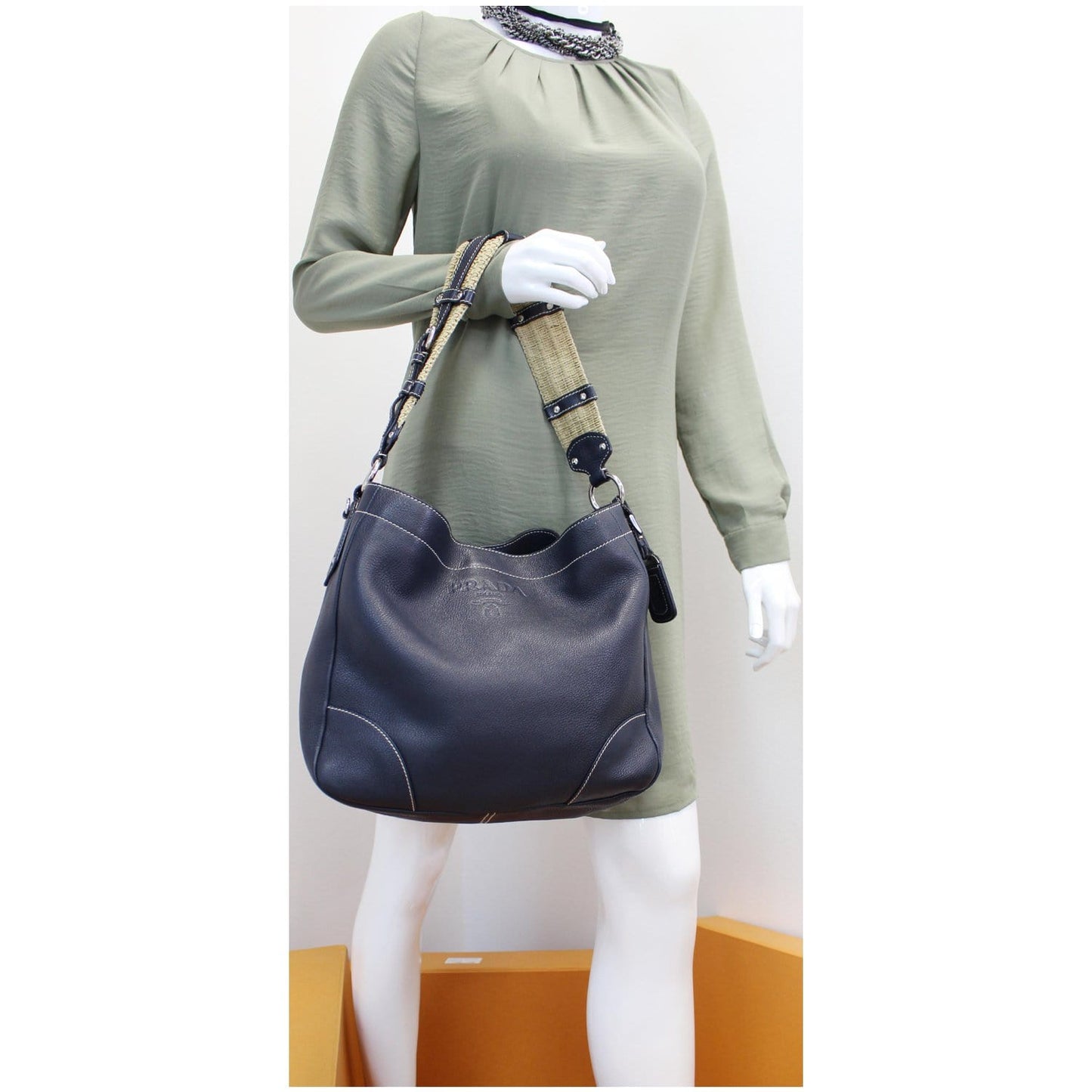 PRADA Milano Leather Shoulder Bag Navy Blue