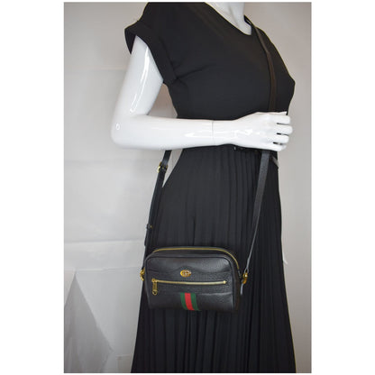 GUCCI Ophidia Mini GG Web Leather Crossbody Bag Black 517350