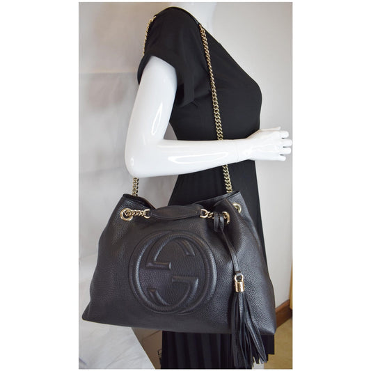 GUCCI Soho Pebbled Leather Chain Shoulder Bag 308982 Black