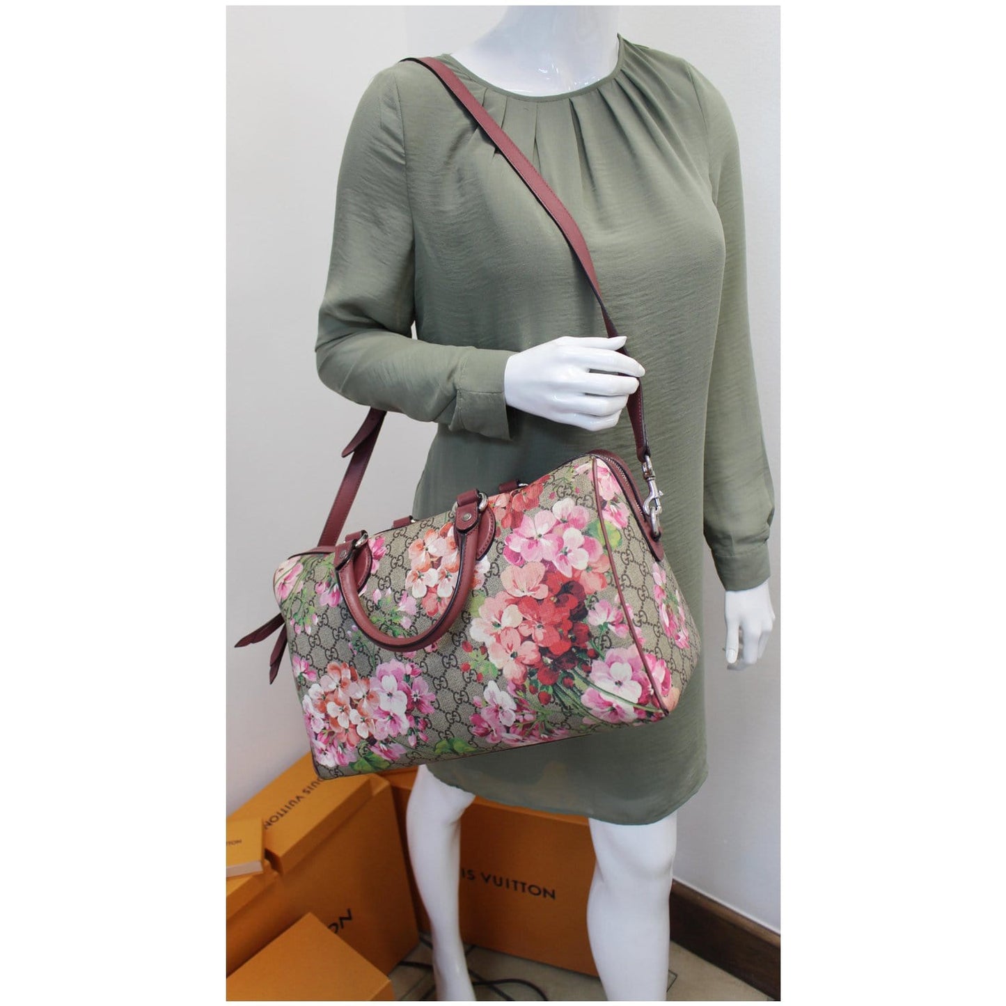 GUCCI Blooms Top Handle Supreme Canvas Large Boston Bag Beige/Ebony 409527