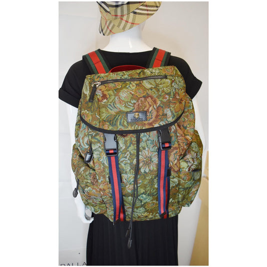 GUCCI Floral Brocade Leather Backpack Bag Green Multi 429037