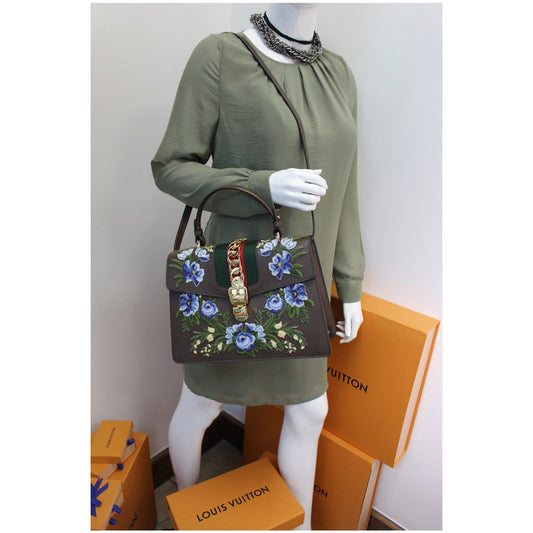 GUCCI Sylvie Embroidered Leather Medium Top Handle Bag Brown 431665