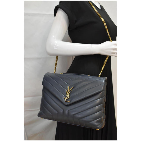 YVES SAINT LAURENT Medium Loulou Matelasse Leather Chain Shoulder Bag Dark Smog