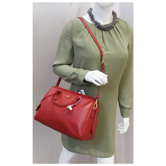 PRADA Lux Saffiano Leather Boston Handbag Red