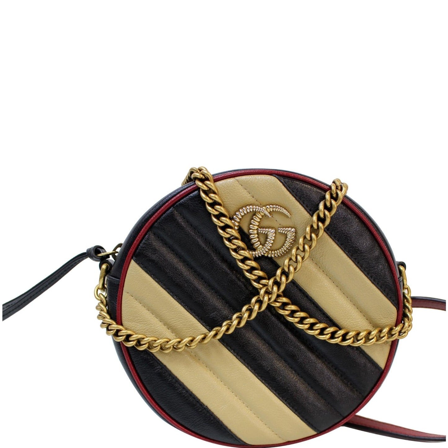 GUCCI Stripe GG Marmont Mini Round Leather Crossbody Bag Black/Beige 550154