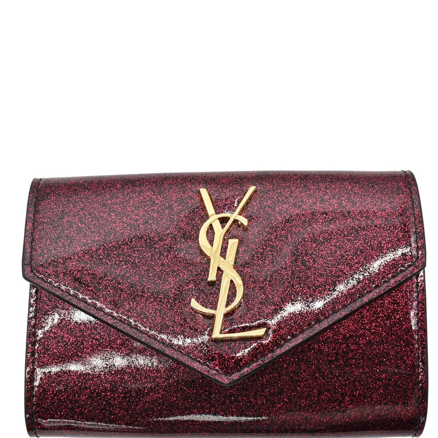 YVES SAINT LAURENT Envelope Glitter Patent Leather Wallet Red