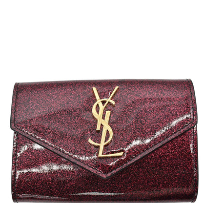 YVES SAINT LAURENT Envelope Glitter Patent Leather Wallet Red