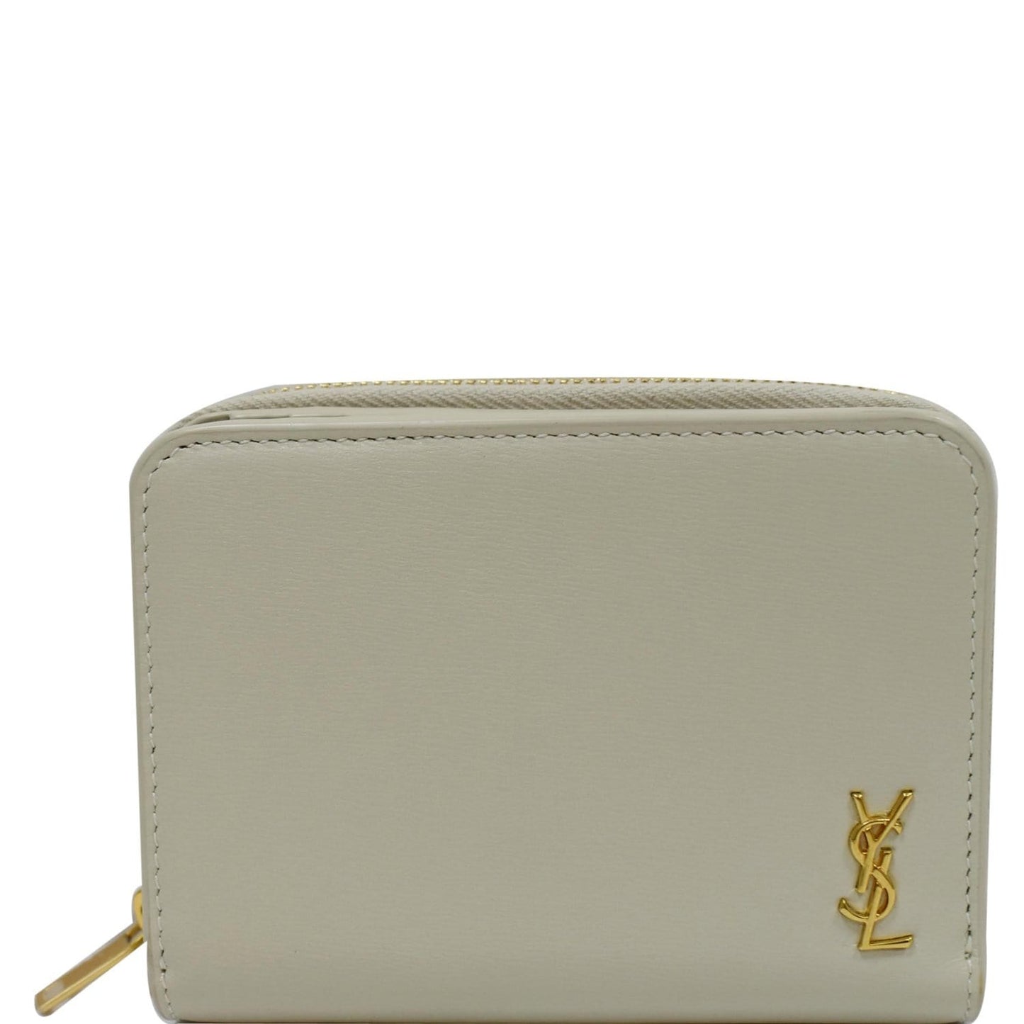 SAINT LAURENT Tiny Monogram Compact Leather Zip Around Wallet White