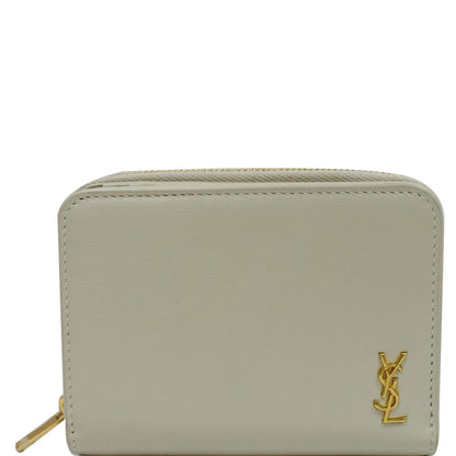 SAINT LAURENT Tiny Monogram Compact Leather Zip Around Wallet White