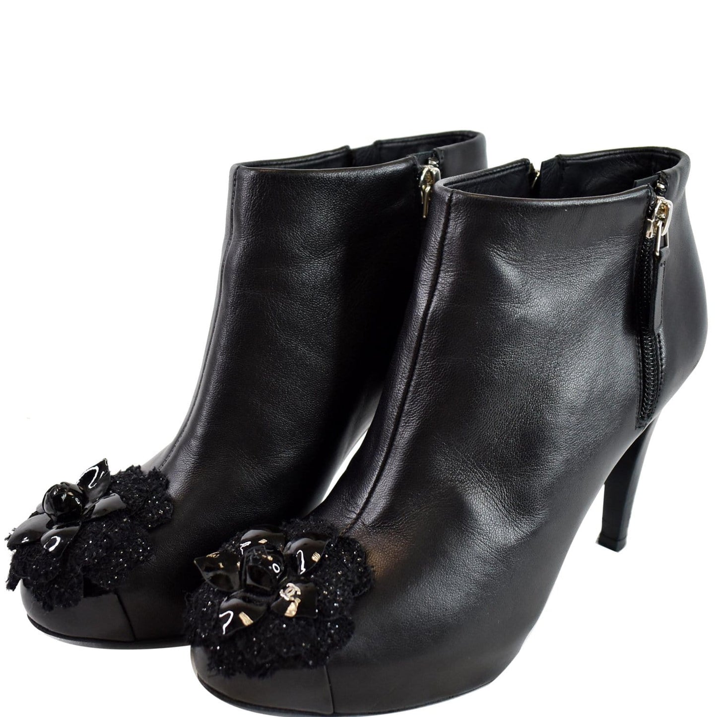 CHANEL Camellia Front Ankle Leather Heel Boots Black US 7.5