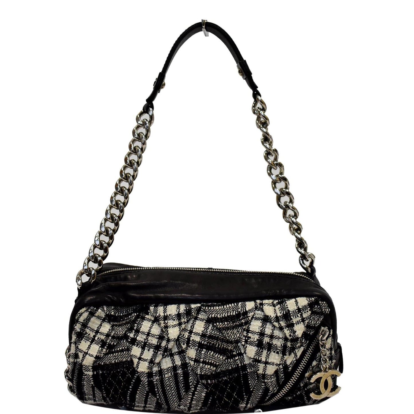 CHANEL Twisted Zipper Tweed Leather Shoulder Bag Black