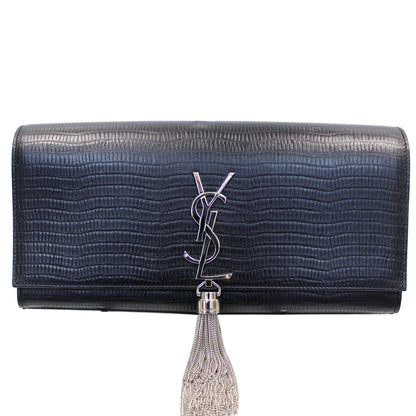 YVES SAINT LAURENT Classic Kate Monogram Tassel Embossed Leather Clutch Black
