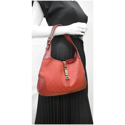 GUCCI Jackie Vintage GG Canvas Leather Hobo Bag Red 00963