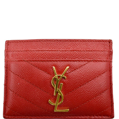 YVES SAINT LAURENT Monogram Grain Embossed Leather Card Case Red