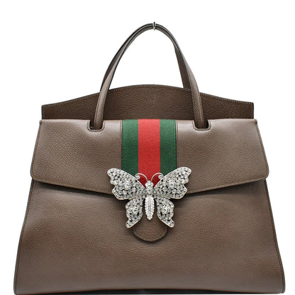GUCCI Butterfly Linea Totem Leather Large Top Handle Shoulder Bag Brown 500772