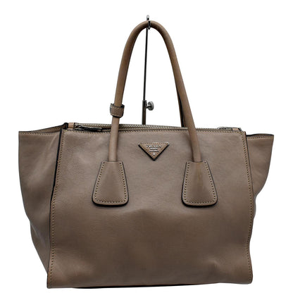 PRADA City Twin Pocket Calf Leather Tote Shoulder Bag Taupe