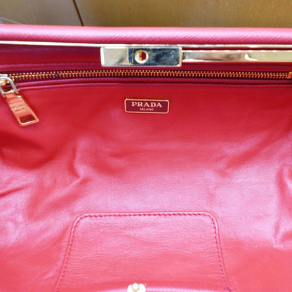 PRADA East-West Frame Saffiano Leather Clutch Bag Red