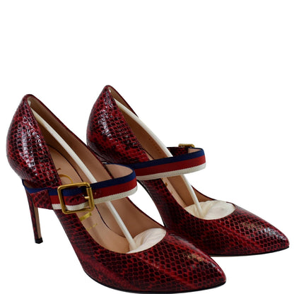 GUCCI Sylvie Python Leather Pumps Red Size 39 - Final Sale