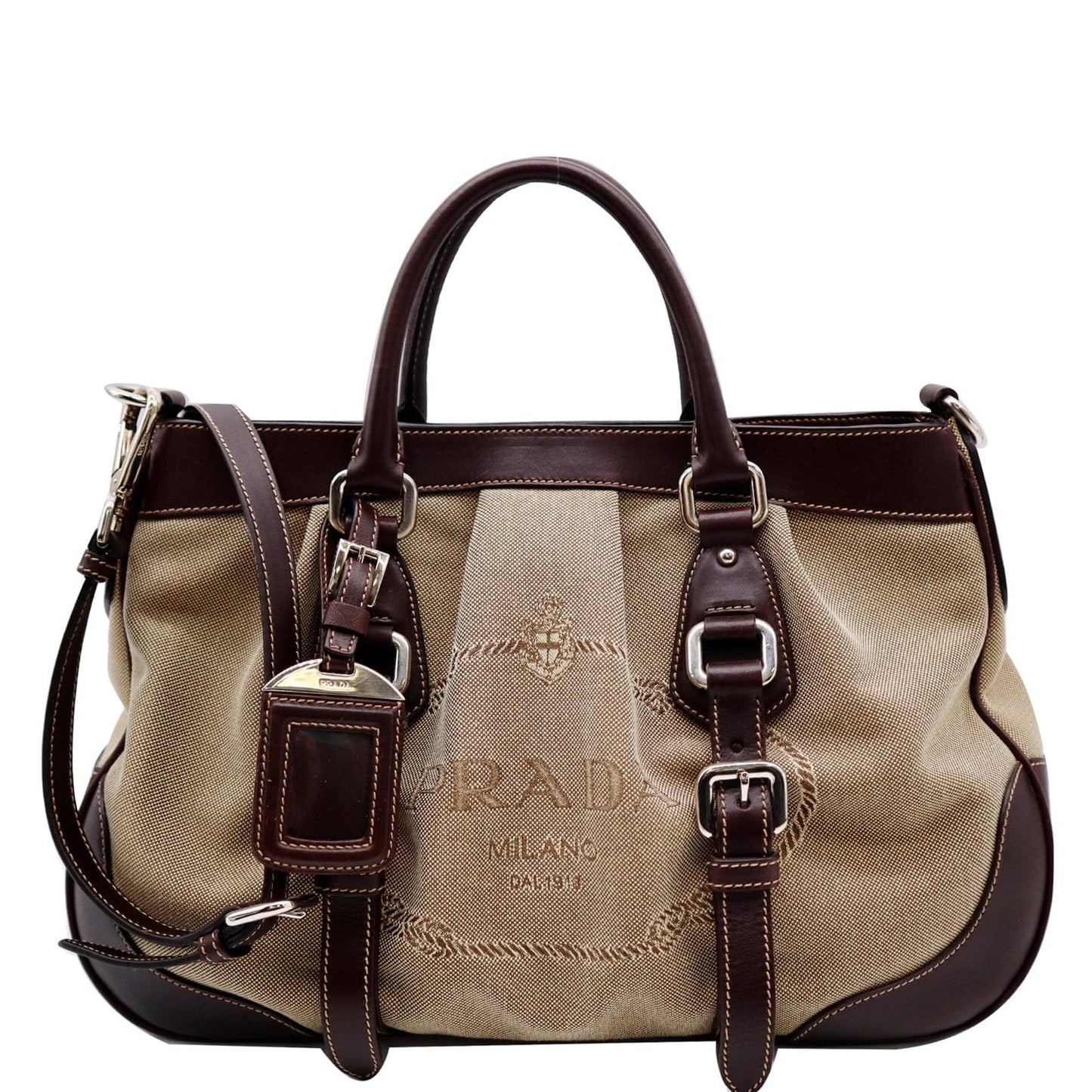 PRADA Jacquard Logo Canvas Leather Tote Shoulder Bag Beige