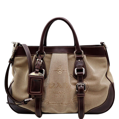 PRADA Jacquard Logo Canvas Leather Tote Shoulder Bag Beige