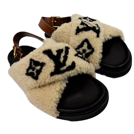 LOUIS VUITTON Paseo Flat Comfort Shearling and Calf Leather Sandal Size US 8.5