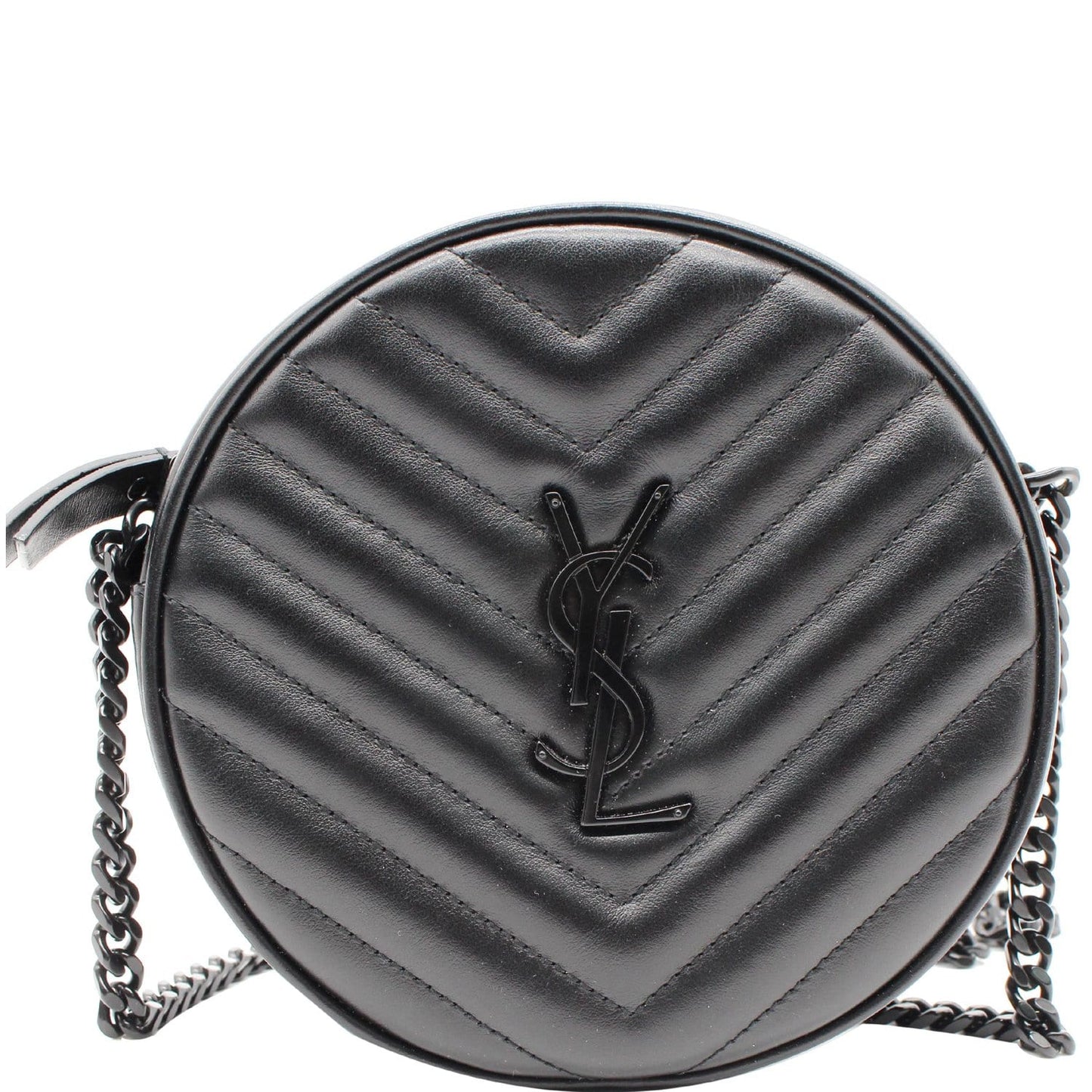 YVES SAINT LAURENT Vinyle Round Chevron Leather Camera Crossbody Bag Black