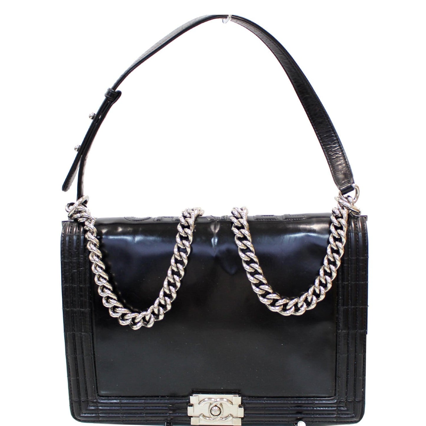 CHANEL Large Boy Glazed Calfskin Leather Shoulder Bag Black