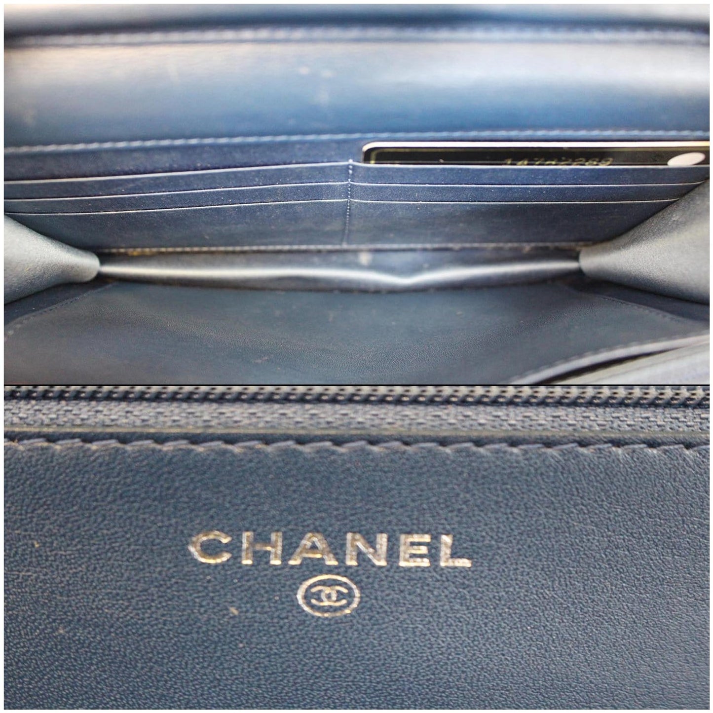 CHANEL Camellia Patent Leather Wallet on Chain WOC Royal Blue