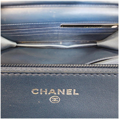 CHANEL Camellia Patent Leather Wallet on Chain WOC Royal Blue