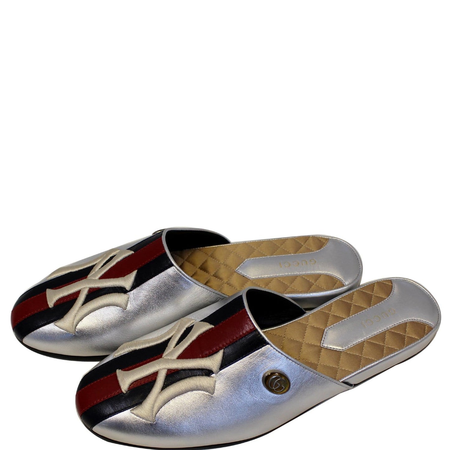 GUCCI NY Yankees Metallic Leather Slipper Mules US 10.5