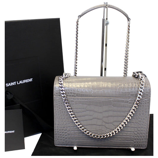 SAINT LAURENT Sunset Medium Crocodile Embossed Leather Crossbody Bag