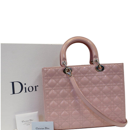 CHRISTIAN DIOR Quilted Patent Leather Lady Dior Large Shoulder Bag Pink