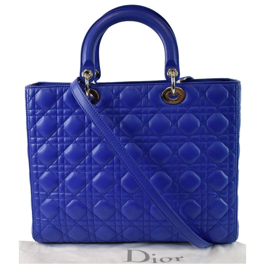 CHRISTIAN DIOR Large Lady Dior Lambskin Leather Shoulder Bag Blue