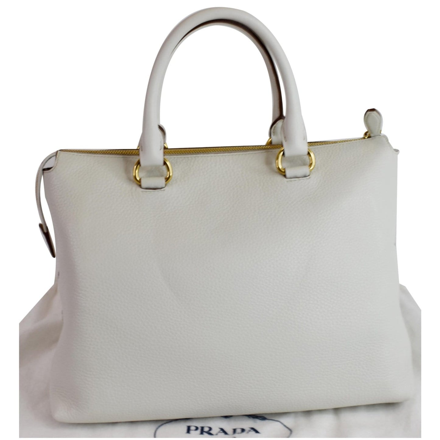 PRADA Vitello Daino Pebbled Leather Zip Tote Shoulder Bag White