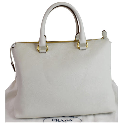 PRADA Vitello Daino Pebbled Leather Zip Tote Shoulder Bag White