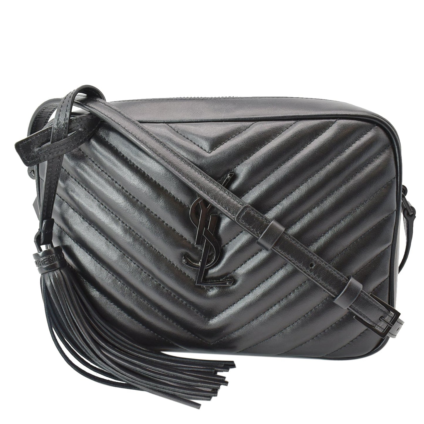 YVES SAINT LAURENT Lou Chevron Leather Camera Crossbody Bag Black
