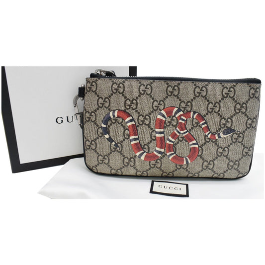 GUCCI Kingsnake Print GG Supreme Canvas Pouch Wristlet Beige 597556