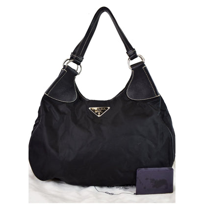 PRADA  Nylon Leather Strap Hobo Bag Black