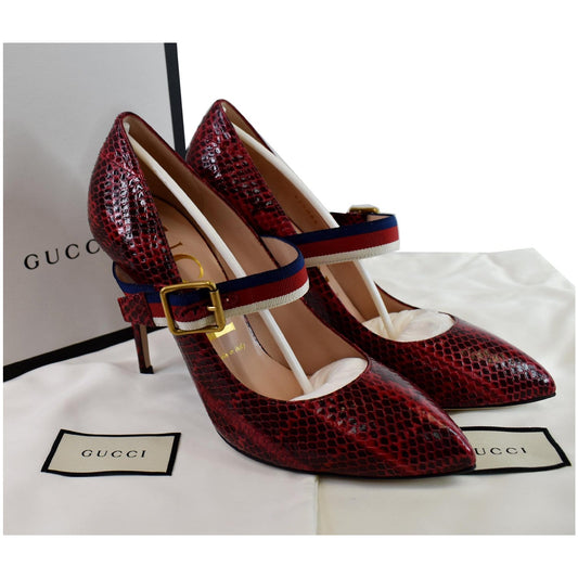GUCCI Sylvie Python Leather Pumps Red Size 39 - Final Sale