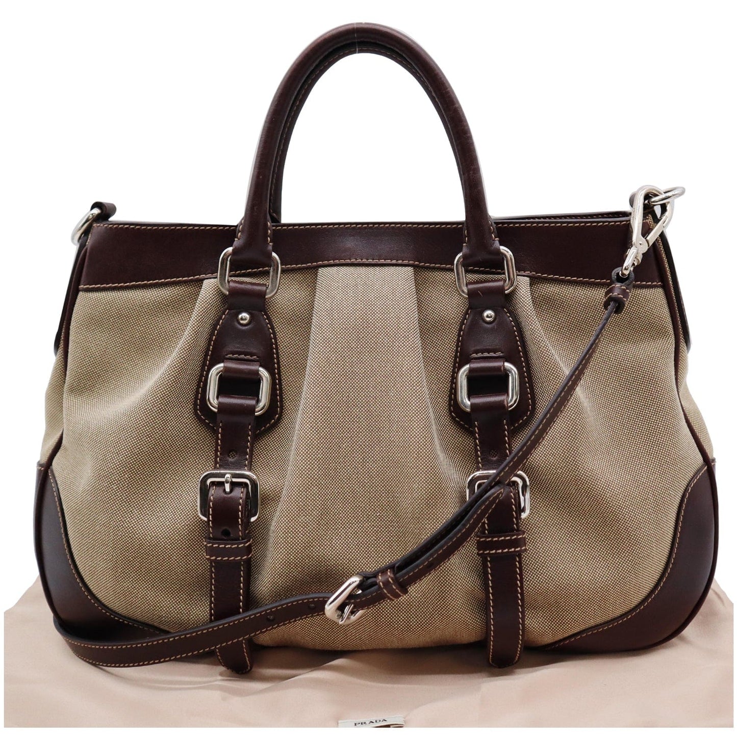 PRADA Jacquard Logo Canvas Leather Tote Shoulder Bag Beige